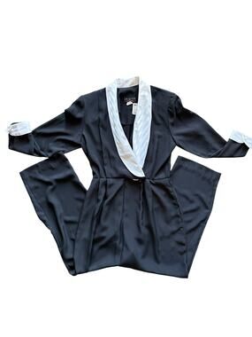 J.R. Nites Vintage Black Wide Leg Jumpsuit with Satin Shawl Collar